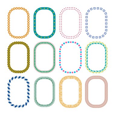 Renkli sınır ayarlandı. Oval çerçeve koleksiyonu. Dekoratif vektör şekilleri. Parlak sınır tasarımı. EPS 10.