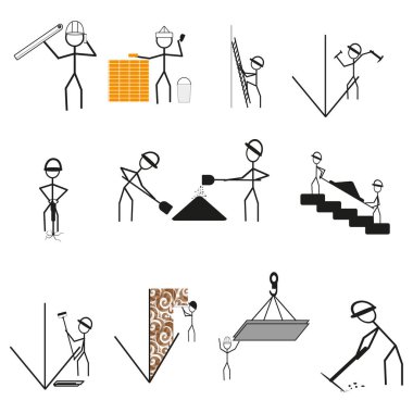 İnşaat işçisi simgeleri. Stickman mimar sembolü. El emeği vektörü. Miğfer karakter seti. EPS 10.