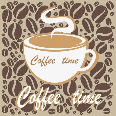 Kahve fincanı buharı Kahverengi fasulye. Kahve saati mesajı. Vektör içeceği sembolü. EPS 10.