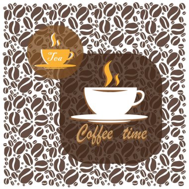 Kahve ve çay. Buharlı içecek ikonları. Kahve saati alıntısı. Vektör kahverengi arka plan. EPS 10.