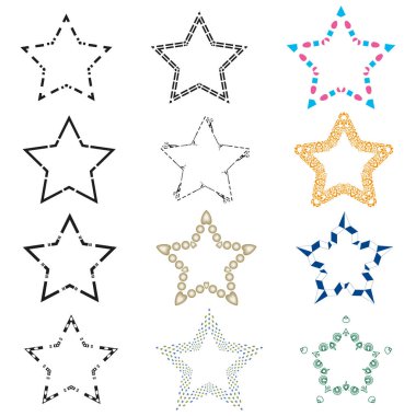 Yıldız çerçevesi ayarlandı. Renkli noktalı desen. Süslü sınır ayrıntıları. Vektör çizimi. EPS 10.