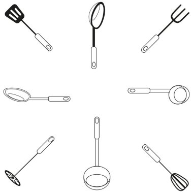 Dairesel alet seti. Mutfak eşyaları ayarlandı. Utensiller tamam. Siyah ve beyaz vektör. EPS 10