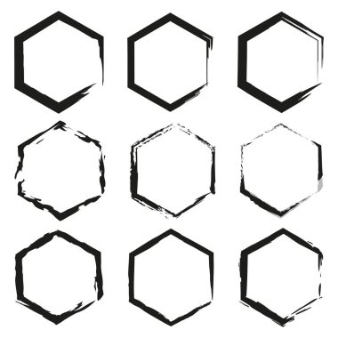 Altıgen çerçeveler ayarlandı. Siyah fırça darbeleri. Kalıplaşmış kenar. Vektör tasarım koleksiyonu. EPS 10.