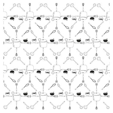 Mutfak nesneleri deseni. Esrar pişirme elementleri. Çorba kasesi tekrarı. Tek renkli, kusursuz bir altyapısı var. EPS 10