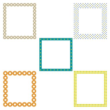 Parlak noktalı çerçeveler. Çok renkli kare kenarlıklar. Yuvarlak ve kare elementler. Dekoratif geometrik düzen. EPS 10