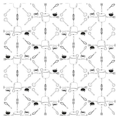 Kusursuz mutfak düzeni var. Tekrarlanan araçlar. Izgarada yemek takımı var. Doğrusal alet tasarımı. EPS 10