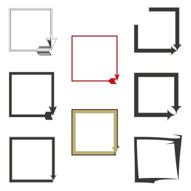 Ok çerçeve simgesi. Kare kenarlık şekli. Vektör ok dekorasyonu. Geometrik köşe sembolü. EPS 10.