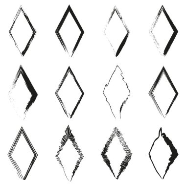 Sert elmas çerçeveler. Mürekkep fırçası çizgileri. Sanatsal el çizimi bakışı. Tek renkli siyah tarzıyla. EPS 10