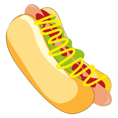 Sosisli sandviç. Sosisli hardallı marul. Fast food şeklinde. Lezzetli bir çizgi film. EPS 10.