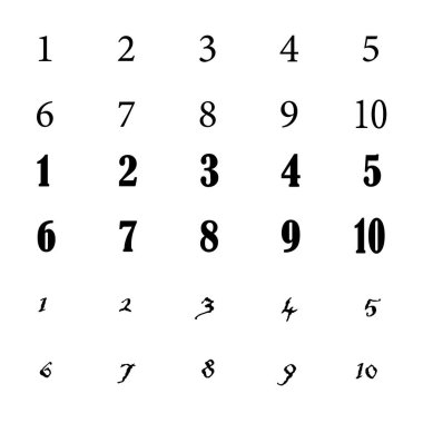 Sayılar simgesi. Stilize edilmiş rakam koleksiyonu. Vektör sayısal görüntü. On farklı yazı tipi. EPS 10.