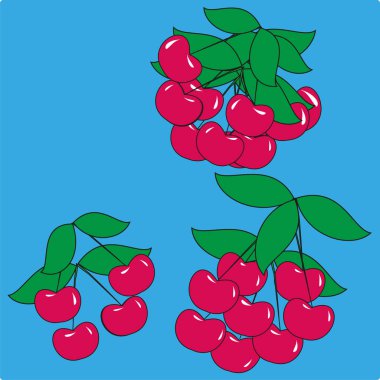 Kiraz vektör simgesi. Meyve dalı sembolü. Kırmızı kiraz kümesi. Parlak mavi arka plan. EPS 10.