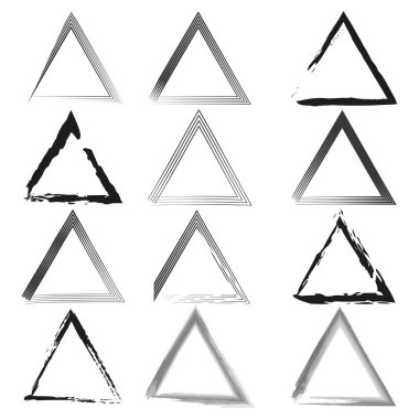 Çeşitli üçgen şekiller. Hem eskiz hem de mürekkep içeriyor. Soyut grunge vuruşları. Sanatsal modern koleksiyon. EPS 10