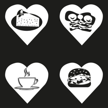 Kek simgesi. Kahvaltı yumurtalarının sembolü. Kahve fincanı vektörü. Burger Heart illüstrasyonu. EPS 10.