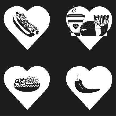 Hamburger ve kahve. Fast food ikonu. Kara kalp geçmişi. Vektör çizimi. EPS 10.