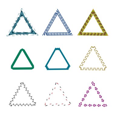 Parlak üçgen tasarımlar. Soyut desenli çerçeveler. Karışık dokular ve elementler. Dekoratif geometrik stiller. EPS 10