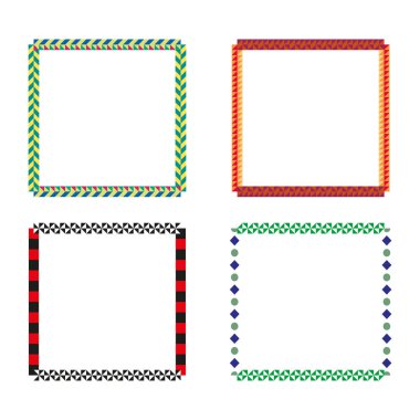 Renkli kare desenler. Geometrik üçgen kenarlar. Vektör hareketli çerçeveler. Dekoratif taslak semboller. EPS 10.