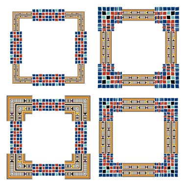 Mozaik kabile çerçeveleri. Etnik süs sınırları. Geometrik renkli kareler var. Vektör dekoratif şablonlar. EPS 10.
