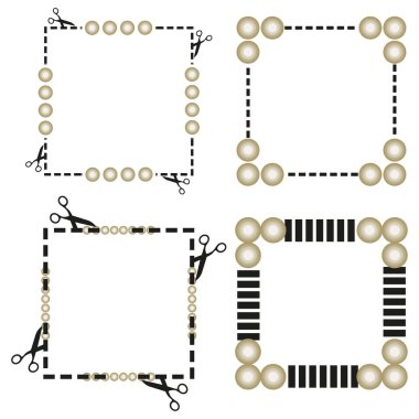 Altın boncuk sınırı. Makas vektörü keser. Kare dekoratif çerçeve. Modern soyut köşeler. EPS 10.