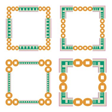 Turuncu yeşil kenar. Geometrik çerçeve vektörü. Kare şeklindeki dekoratif. Modern soyut köşeler. EPS 10.
