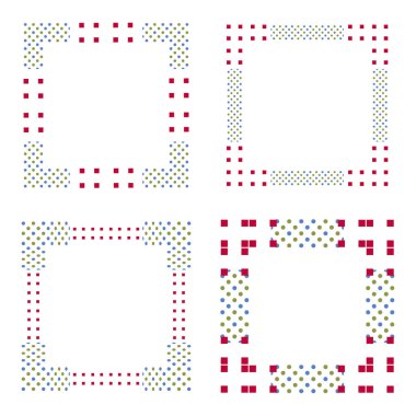 Kırmızı noktalı sınır. Renkli noktalar vektörü. Kare dekoratif çerçeve. Modern soyut köşeler. EPS 10.