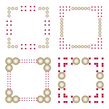 Kırmızı altın sınırı. Boncuk desenli vektör. Kare dekoratif çerçeve. Modern soyut köşeler. EPS 10.