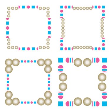 Altın boncuklar sınırı. Pembe mavi vektör. Kare dekoratif çerçeve. Modern soyut köşeler. EPS 10.