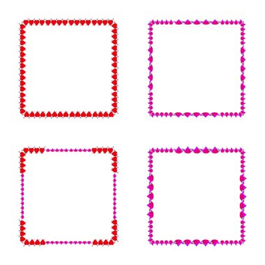 Kalpler ve damlalar kare şeklinde. Kırmızı ve pembe element. Dekoratif dış görünüş. Vektör çizimi. EPS 10.