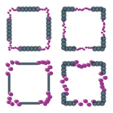 Kare çerçeve sınırı. Koyu gri halkalar. Mor çokgen aksanları. Dekoratif soyut tasarım. EPS 10.