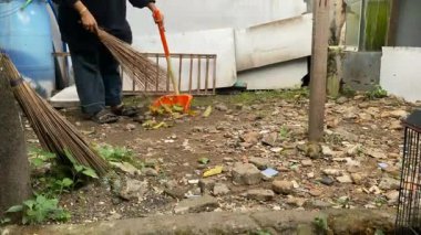 Bir kadın gün boyunca yaprakları süpürüyor. Sonbahar yapraklarından temizlik alanı. Arka bahçeyi temizle..