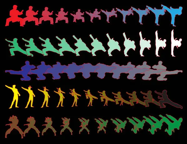 Çeşitli dövüş teknikleri ve hareketleri gösteren karate siluetleri.