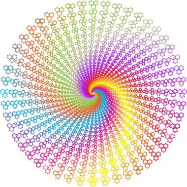 Gökkuşağı renginde altı köşeli yıldız şekillerinden oluşan geometrik bir sarmal desen dinamik ve uyumlu bir simetrik girdap oluşturur.