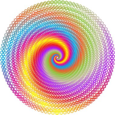 Gökkuşağı renkli altı köşeli yıldız desenlerinden oluşan psikedelik spiral bir bileşim, sıkıca bir optik girdap etkisi oluşturmak için düzenlenmiştir.