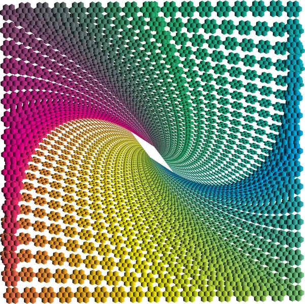 Renkli altıgen desenli dijital görseller simetrik girdaplar oluşturarak beyaz bir arkaplan üzerinde derinlik ve hareketin optik illüzyonunu yaratıyor.