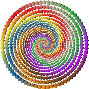 Gökkuşağı renkli beşgen desenlerden oluşan psikedelik spiral bir bileşim, sıkıca bir optik girdap etkisi oluşturmak için düzenlenmiş