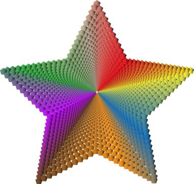 Merkezden dışa doğru sıralanmış gökkuşağı renkli beşgen desenli beş yıldızlı bir radyal simetri görsel kompozisyonu.