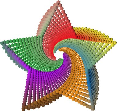 Beş yıldızlı geometrik sarmal desen, dinamik ve uyumlu simetrik bir girdap oluşturan gökkuşağı renkli beşgen şekillerinden oluşur.