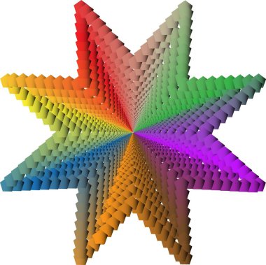 İçinde gökkuşağı renkli geometrik deseni olan sekiz köşeli bir yıldız.