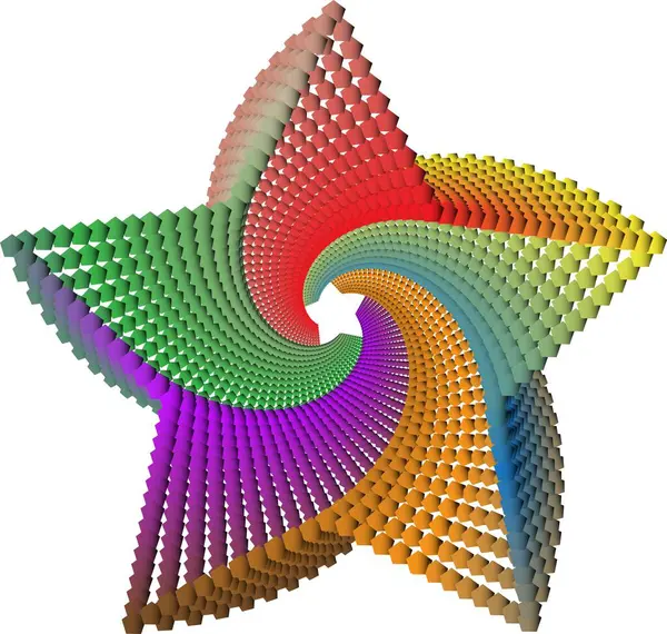 Beş yıldızlı geometrik sarmal desen, dinamik ve uyumlu simetrik bir girdap oluşturan gökkuşağı renkli beşgen şekillerinden oluşur.