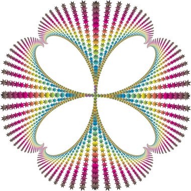 Dört yapraklı çiçek şeklinde simetrik fraktal desen. Her taç yaprağı, gökkuşağının renklerine göre düzenlenmiş sekiz köşeli yıldızlardan oluşur.