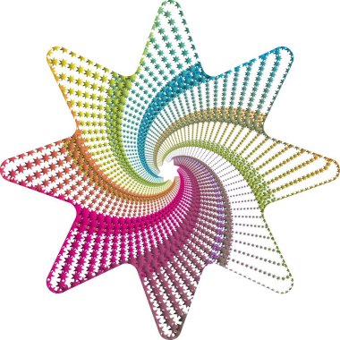 İçinde küçük yıldızların spiral desenleri olan renkli bir yıldız şekilli grafik. Renkler yavaş yavaş değişiyor. Yıldızlar merkeze doğru dönerken boyutları küçülür.