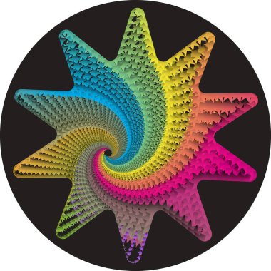 Sönük yıldız şeklinde karmaşık spiral desenli dijital illüstrasyon. Gökkuşağı gradyan renkleri merkeze doğru dönen görsel bir etki yaratır