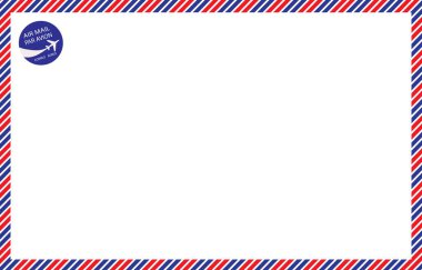 Uluslararası postanın tipik kırmızı ve mavi köşeli havayolu zarfı. Sol üst köşede yuvarlak mavi etiketli beyaz bir uçak simgesi var.