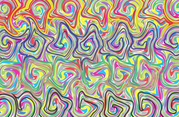 Dinamik sarmal şekilleri ve kıvrımlı çizgileri olan renkli soyut desenler güçlü bir enerji ve hareket hissi yaratıyor.