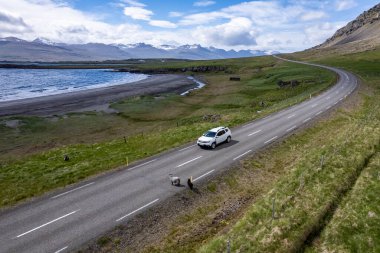 A vehicle on a winding road along a beautiful coastline, surrounded by nature and mountains. Aerial view of serene and peaceful scenery depicting travel, exploration, and tranquil rural life clipart