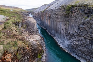 Havadan manzaralı büyüleyici bir bazalt Studlagil Kanyonu turkuvaz nehrinin akışıyla doğal olarak oluşmuş, çarpıcı sütun kaya oluşumlarını vurguluyor, Haziran ayında İzlanda yakınlarındaki yeşillik