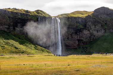 Seljalandsfoss şelalelerinin serin yeşil şelaleler üzerindeki hava manzarası, İzlanda 'nın Altın Çember bölgesinde nefes kesen gün batımı altında dramatik uçurumlarla çevrili.