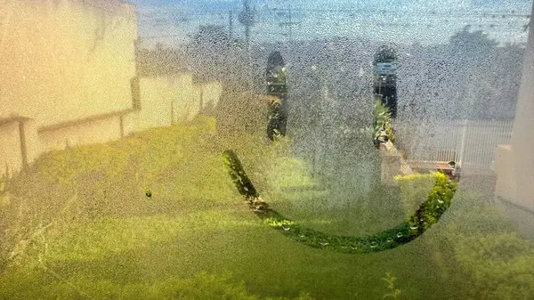 Yüzünde çizilmiş bir gülümseme olan sisli bir pencere arka planda güzel bir bahçeyi gözler önüne seriyor. Yumuşak gün ışığı atmosfere neşe ve pozitiflik katar..