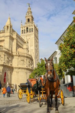 Sevilla, İspanya 'daki Saint Mary Katedrali' nin muhteşem mimarisinin manzarası. Fotoğraf 21 Aralık 2023 'te Sevilla, İspanya' da çekildi..