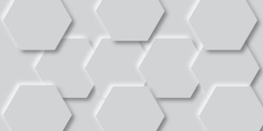 Farklı boyutlarda beyaz altıgenler üst üste biniyor. Fütürist soyut basit şekiller arka plan. Açık gri arkaplanda soyut beyaz altıgen şekiller.