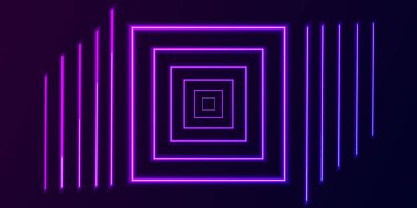 Soyut ışık arkaplanı. Geleceğin teknoloji konsepti için parıldayan neon dokusu. Soyut hareket geometrik arka plan, parlayan neon kareler dönen bir tünel oluşturuyor. Parlak neon ışığı.